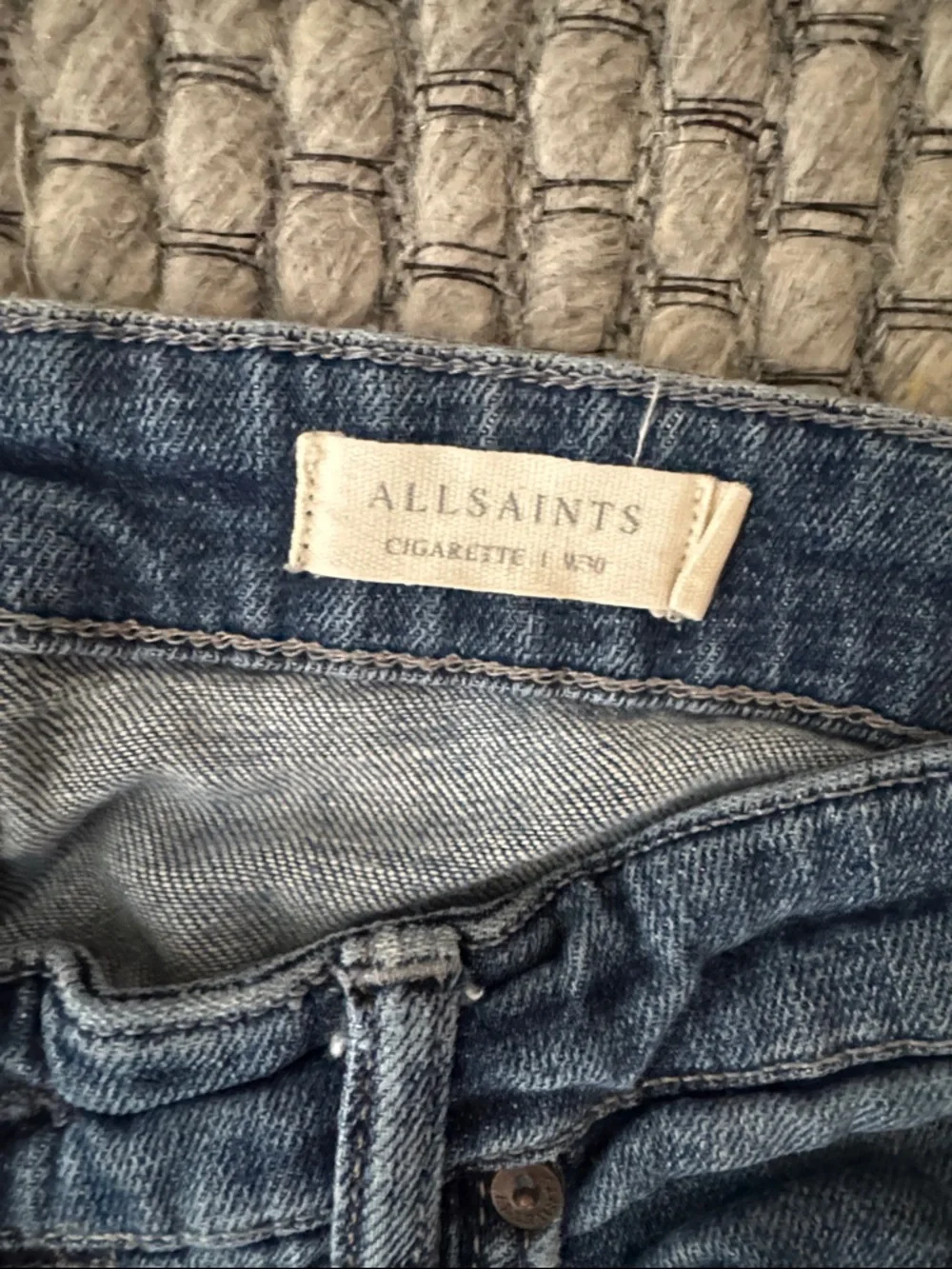 All Saints Cigarette Dark Wash Distressed Skinny Jeans